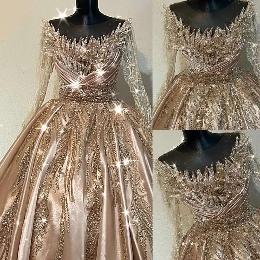 Sparkly appliques sequins and lace sleeves satin court with zipper custom wedding dress