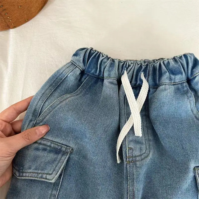 Boys Girls Denim Shorts Summer Elastic Waist Drawstring Solid Color Pocket Cargo Jeans Baby Casual 250303