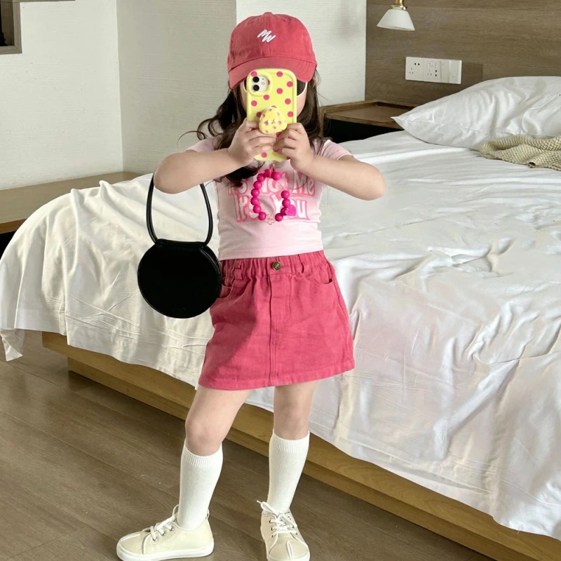 Summer Children Girls Short Sleeved Suit Girls Pink T-shirtSkirt Suits Kids Comfortable Sweet Girls Fashion Casual Clothes Set 250304
