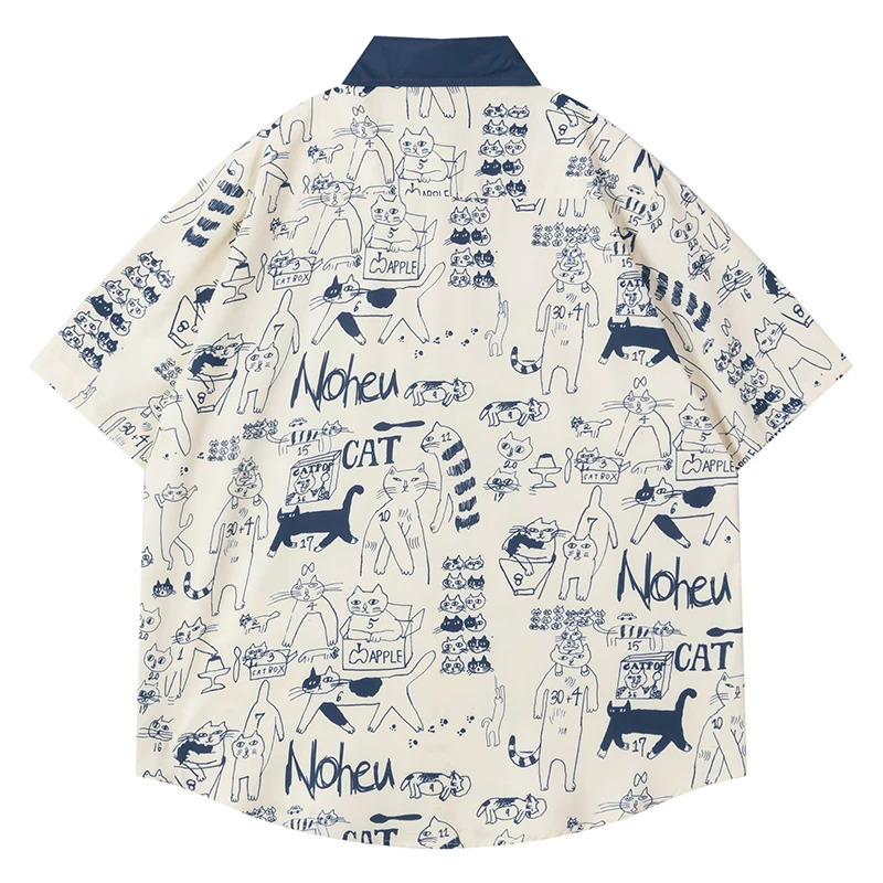 Summer mens short sleeved shirt hip-hop retro cartoon cat graphic printed shirt Harajuku streetwear casual loose shirt 250227