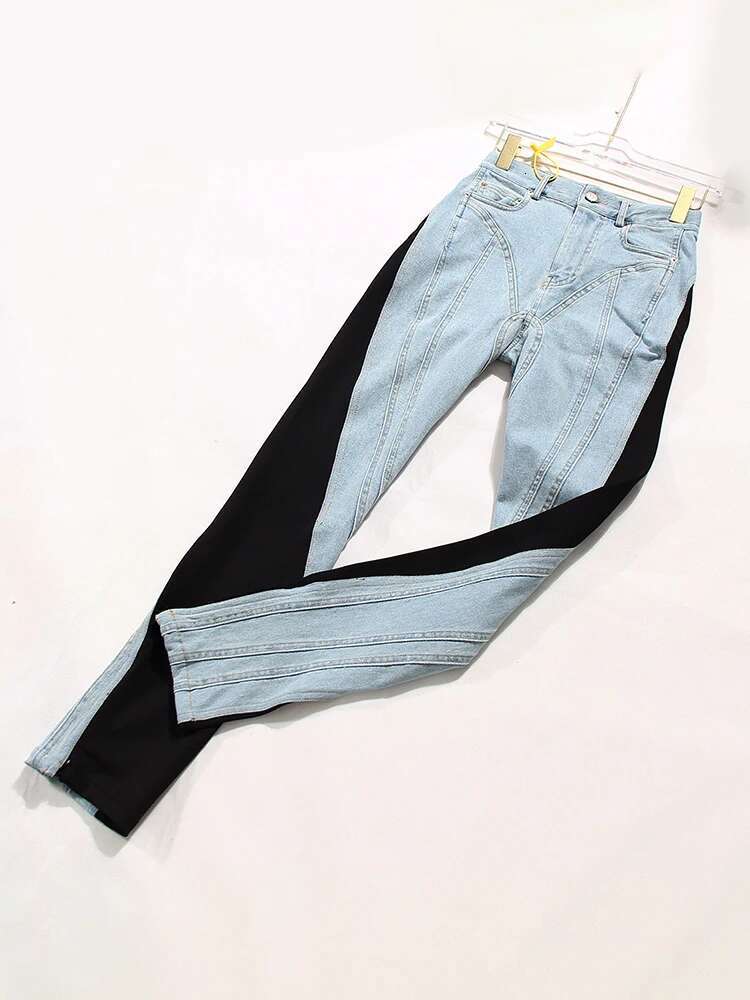 EAM High Waist Blue Color-Block Pockets Long Pencil Jeans New Loose Women Trousers Fashion Tide Spring Autumn 2025 Wt05205