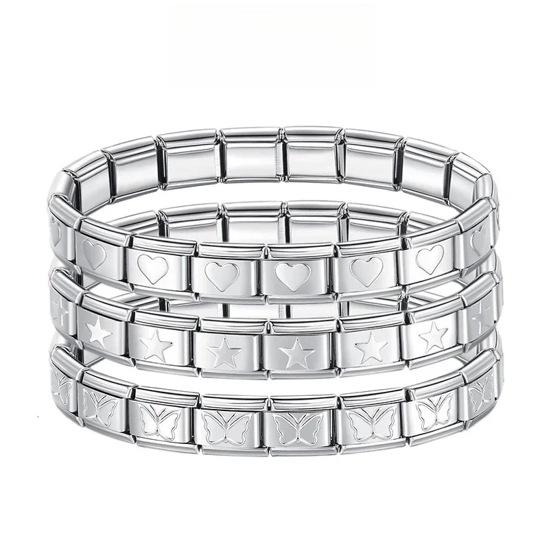 Hapiship 2024 Women's Jewelry 9mm Width Itanlian Elastic Star Heart Butterfly Charm Bracelet Fashion Stainless Steel Bangle ST-