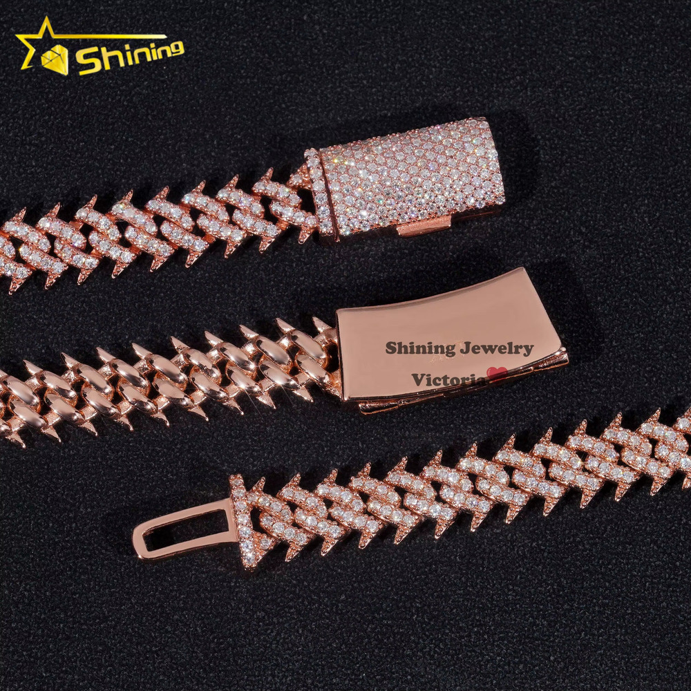 Hot Sale Soild Sier Rose Gold Plated Hip Hop Necklace 10MM VVS Moissanite Dia Spike Cuban k Chain
