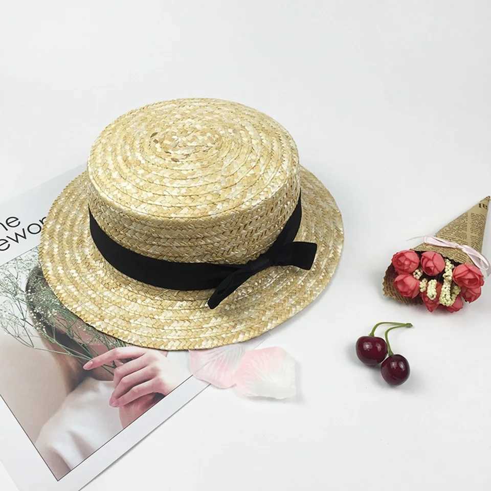 Kids girls nature sun hat Flat Bowler hat Wheat Str hat Boy Children women casual summer beach hat bow ribbob sunscreen hatsXJ250304
