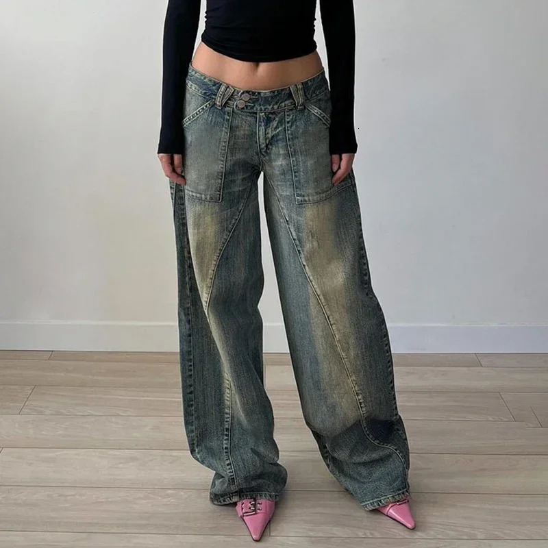Baggy Distressed Jeans 90s y2kStreetwear Low Rise Vintage Loose Denim Pants Patchwork Mom Jeans Autumn Harajuku Clothing 250228