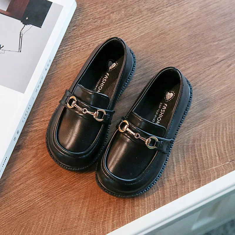 Spring Girl UK Boys Leather Shoes Children Soft Mary Jens Metal Fashion Casual Solid Black Sliding Block 250303