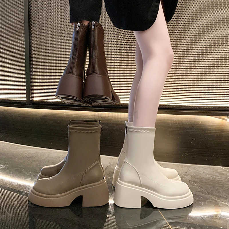 Ladies Shoes on S High Quality Zipper Wens Boots Autumn Round Toe Solid Short Barrel Platform Chunky H Fion Boots Z250304
