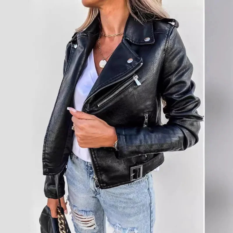 Motorcycle PU jacket womens long sleeved zipper fashionable leather motorcycle short 250226
