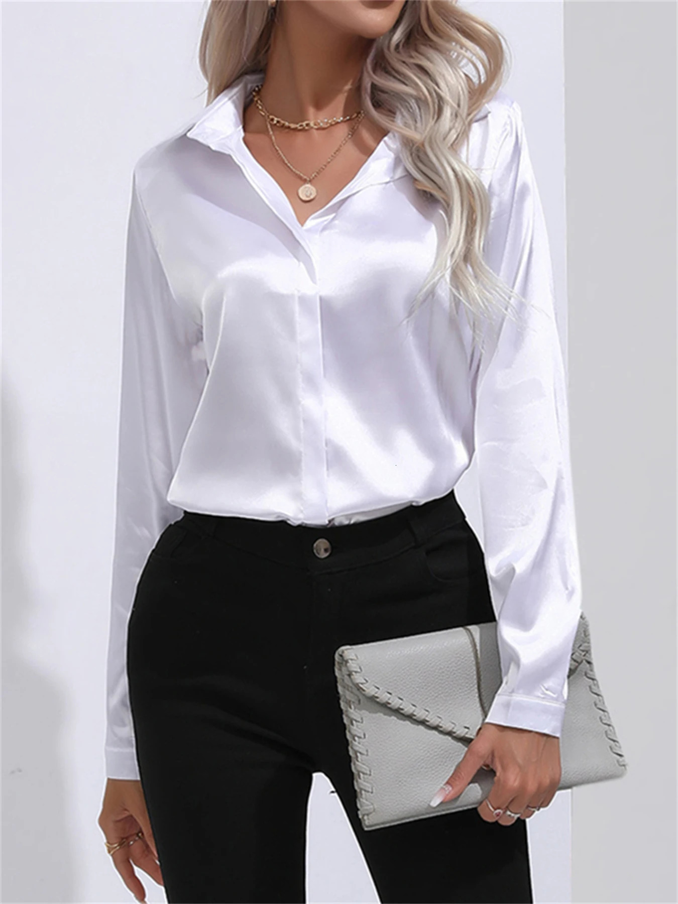 Elegant Turn-Down Collar One Button Satin Long Sleeve Shirt For Women Office Blouse 250303