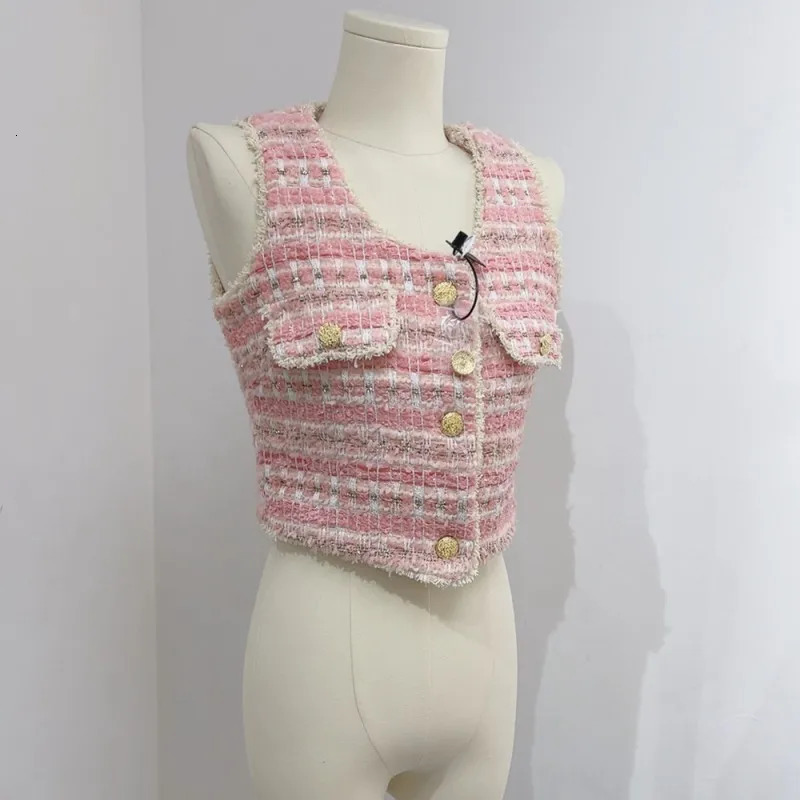 French Small Fragrant Summer Tweed Tank Tops Womens Clothing Pink Tassel Vest Coat Female Outwear 250303