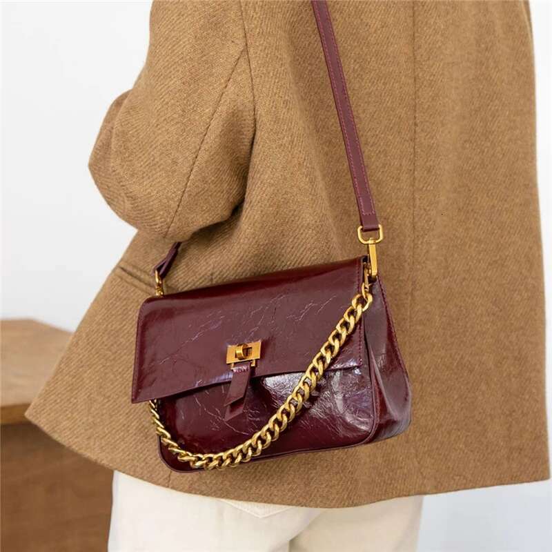 Shiny Cowhide Genuine Leather Shoulder Bags For Women Trend Designer Flap Crossbody Purses Chain Ladies Handbags