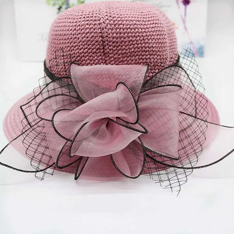 Womens summer hat Organza flower mesh sun hat vacation beach hat wide brimmed sun hat sun protection sombreros de mujerXJ250304