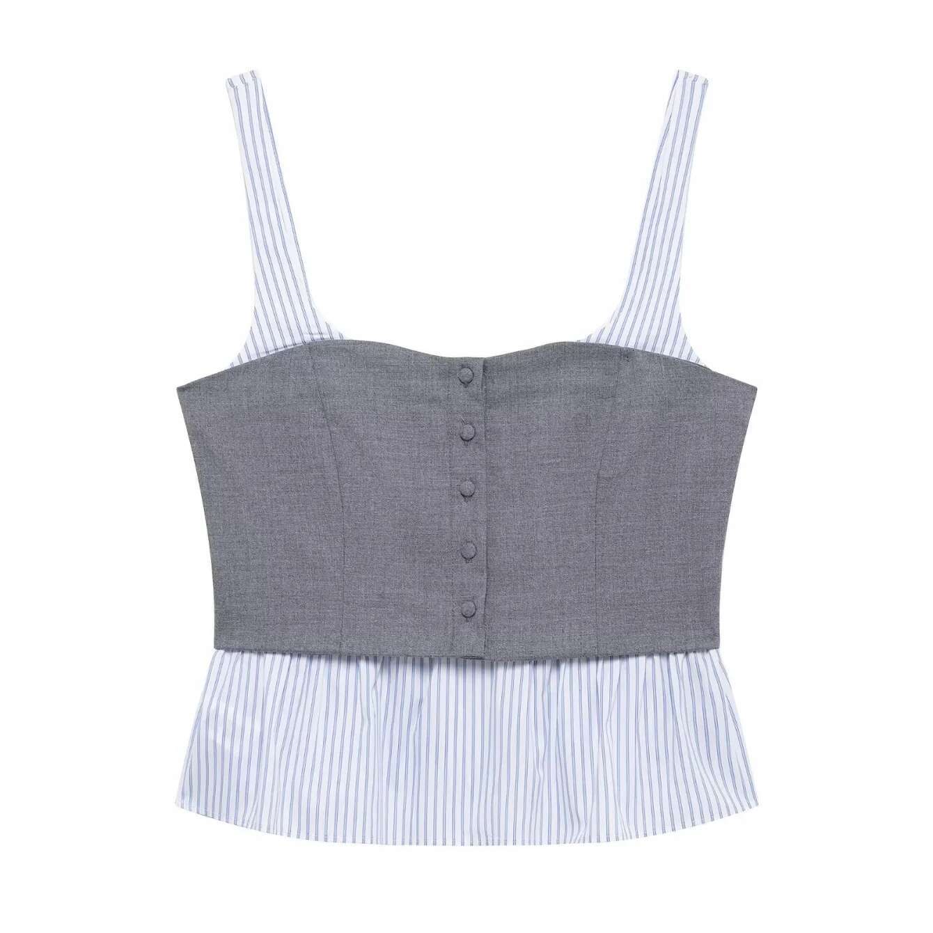 2025 Taop&Za2025 Spring New Gray Series Striped Splicing Strap Top High Waist Mini Skirt Set