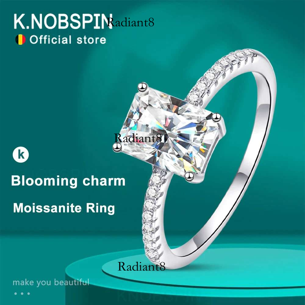 KNOBSPIN D VVS1 Radiant Moissanite Rings for Women 4 Prong Classic Trendy Fine Engagement Wedding Band GRA Certified Sliver