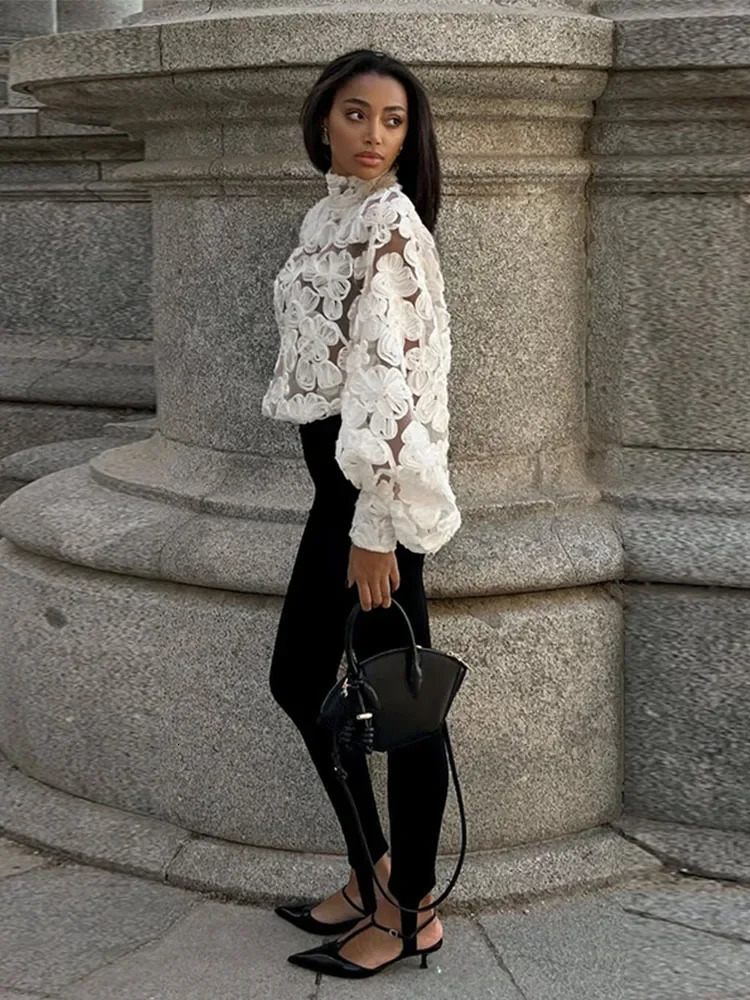 Sexy See Through Mesh Shirts Women Elegant 3D Flower Lantern Long Sleeve Patchwork Female Shirt Spring Fashion Lady Tops 250228