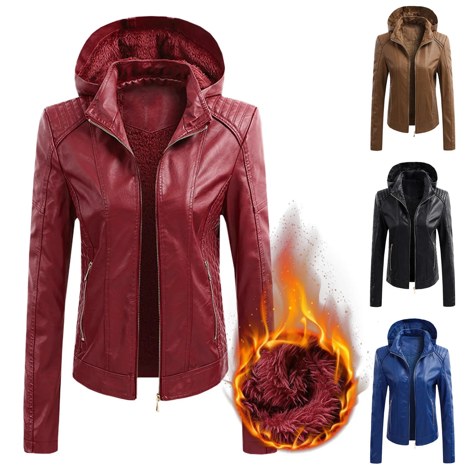 Womens long sleeved leather jacket motorcycle Pu fashionable womens with detachable hat 250226