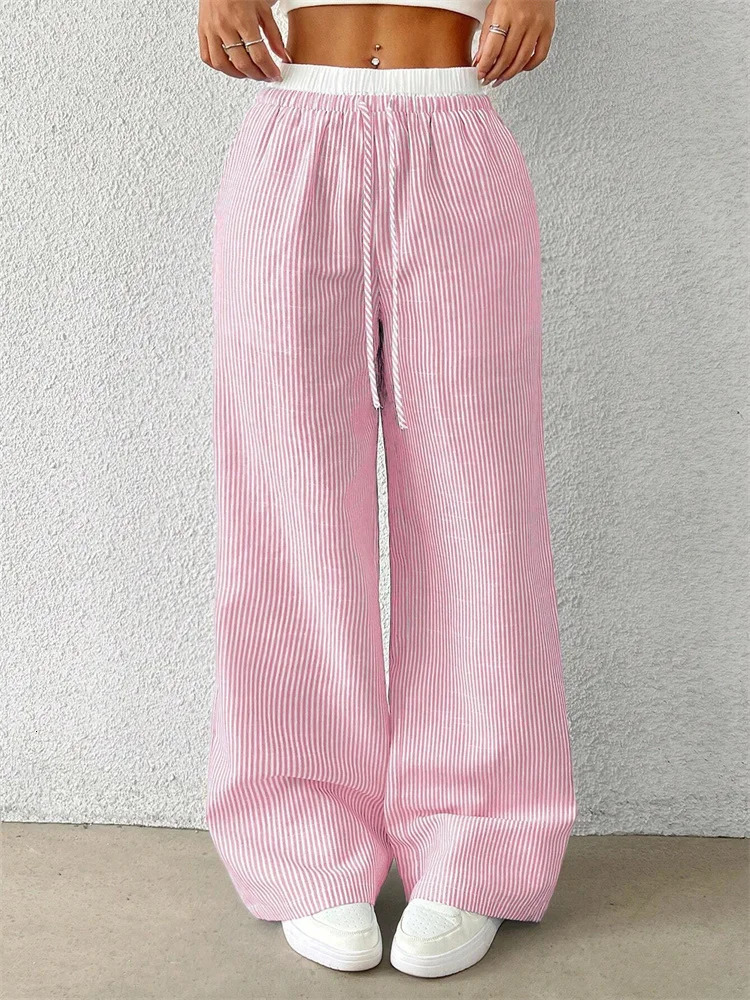 Womens Casual Striped Woven Wide Leg Pants Fall Winter Casual Stylish Full Length Trousers Y2K Clothes Streetwear 250303