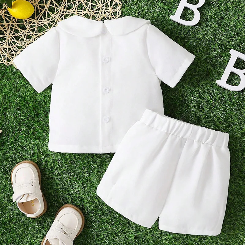 Infant Boys Girls First Baptism Outfit Cotton Summer Short Sleeve Shirt with Peter Pan 2 Pieces Sets Baby Toddler Daily Clothes 250304