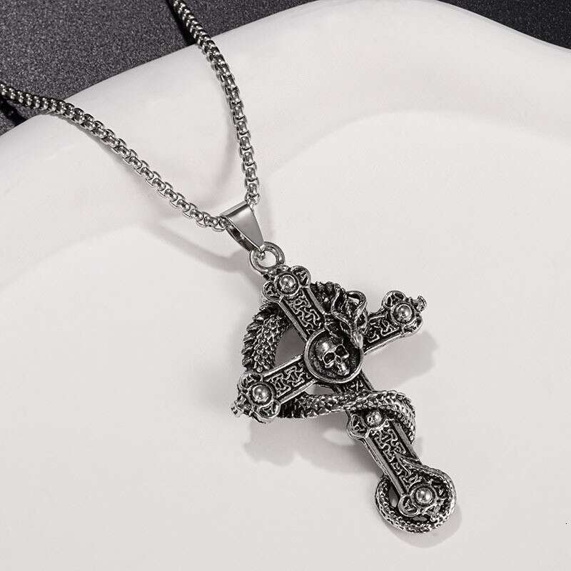 Skeleton coiled dragon cross necklace, male domineering pendant, street personalized pendant accessory