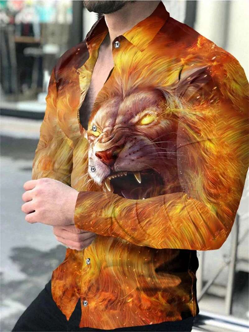 Summer Fashion Men's Shirt With Lapel Lion Print Designer Button Up Shirt Casual Breathable Comfortable Long Sleeved Top 2025 New Mens Personaliz