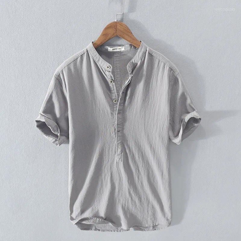 Men's Casual Shirts Cotton And Linen Shirt High-end Loose Short Sleeves Half-open Button Henry Collar Breathable Inch Trendy