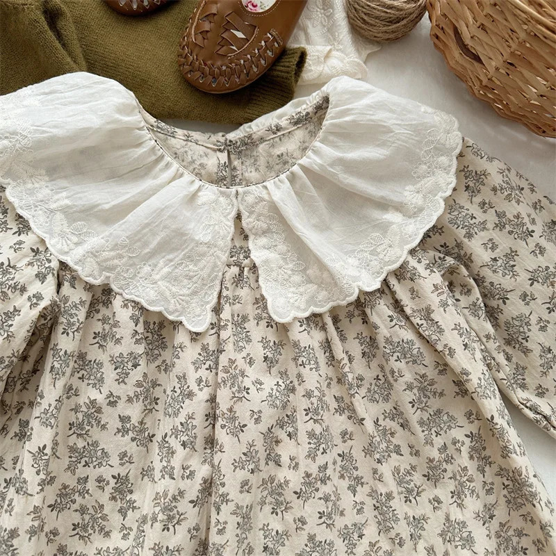 7373 Childrens Dress Autumn Girl Flower Embroidered Lace Collar Cotton Casual 250303