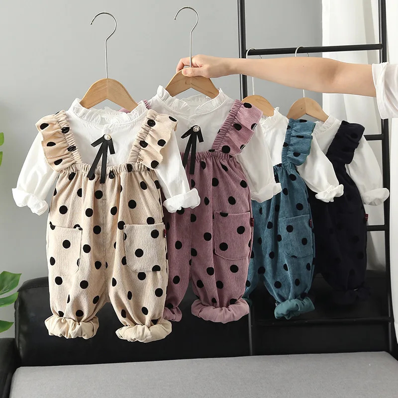 Kids Baby Girl Clothes Outfits Sets Polka Dot Overalls Shirt 2pcs Suit for Girls Baby Birthday Clothing Sets 250304