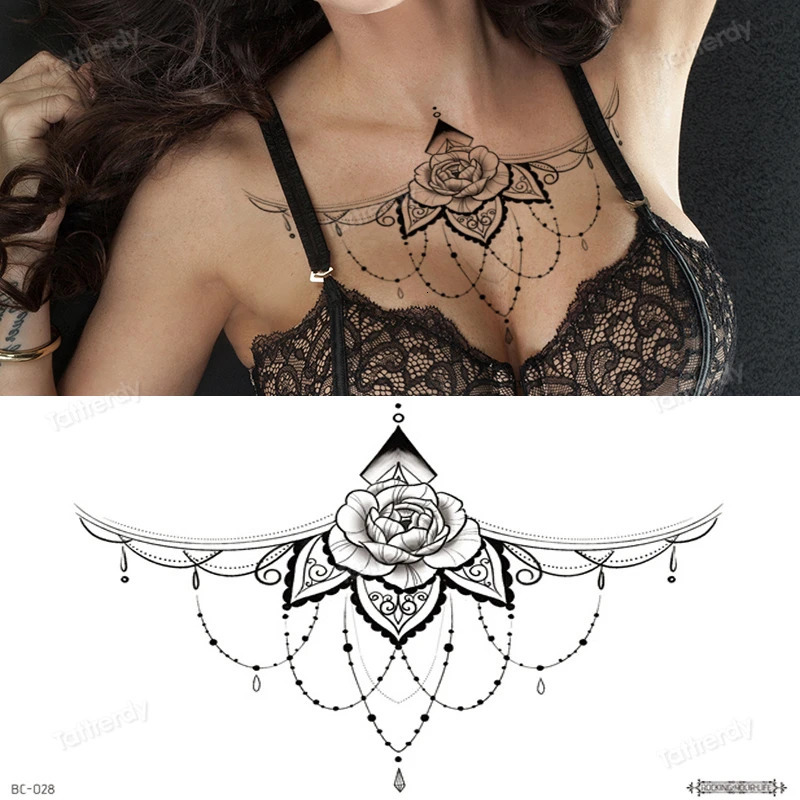 body jewel sticker Big temporary tattoos black henna lace sternum tattoo chest waterdecal flowers rose peonies mandala pattern 250219