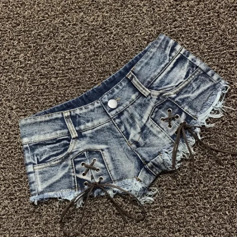 Womens Light Blue Denim Shorts Y2k Lace-up Mini Short Pants Harajuku Vintage Low Waist Jeans 2000s Trashy Clothes Summer 250303