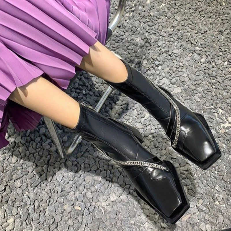 Designer Vintage Boots Wen Thick High Square Toe Zipper Autumn Winter Ladies Slim Short Booties Z250304
