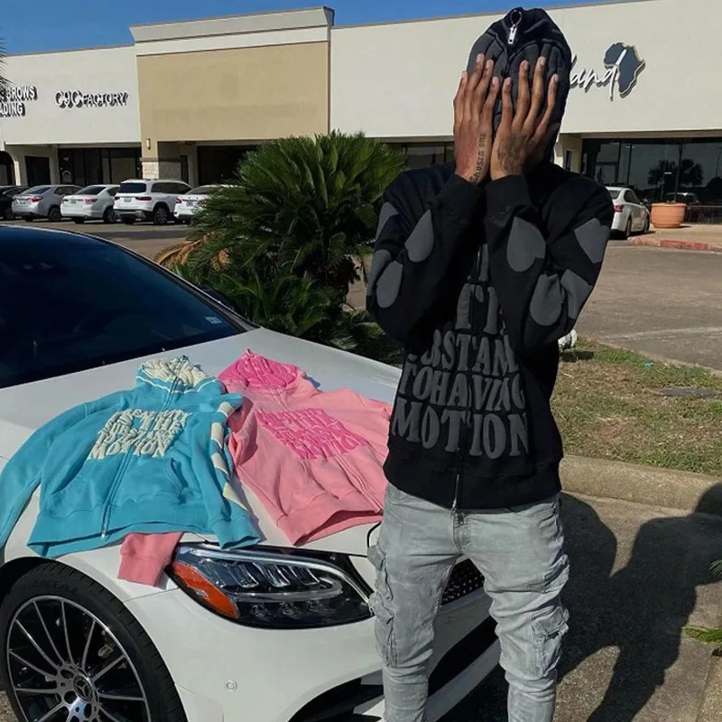 Y2K Clothes Foam Printed High Street Hip-Hop Loose Zipper Hoodie Men Gothic Harajuku Casual Street Oversized Sweatshirt Unisex 250303