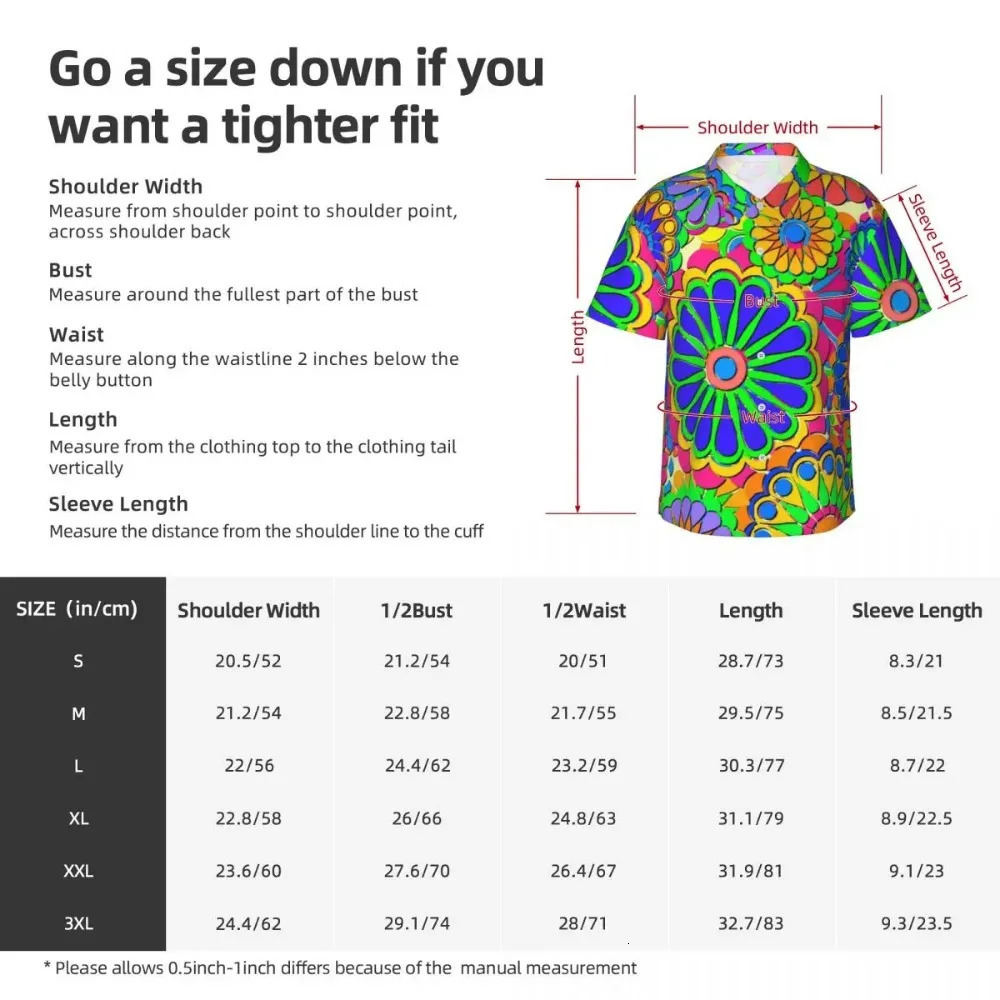 Hippie style vacation shirt for men colorful floral power casual shirt Hawaiian short sleeved classic oversized shirt birthday gift 250227