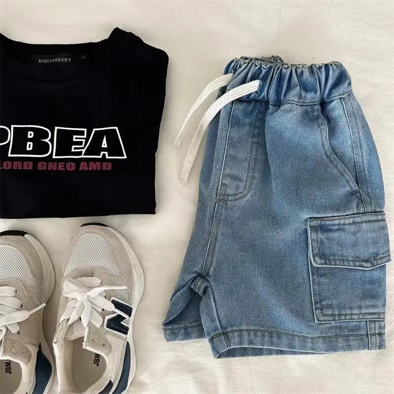 Boys Girls Denim Shorts Summer Elastic Waist Drawstring Solid Color Pocket Cargo Jeans Baby Casual 250303