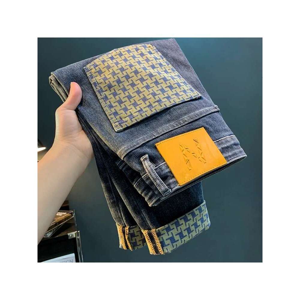 Spring New Trendy Jeans For Men's High End Light Fashion Print Elastic Casual Straight Fit Loose Cotton Denim Pants
