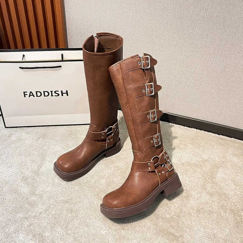 Wen Boots 2024 Spring Trend Buckle Knee-High High Boots Motorcycle Footwear Punk Rock Fion Cfort Leather Wen Shoe Z250304