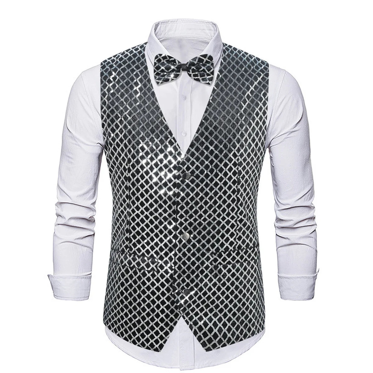 4809 Spring Mens Vest Vneck With Bow Plaid Sequins Suit Single Breasted Sleeveless Waistcoat Loose Male Dance 250304