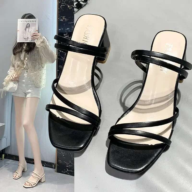 Ladies Square New Heels Elegant Summer Slippers Woman Fashion Low-heel Sandals for Women