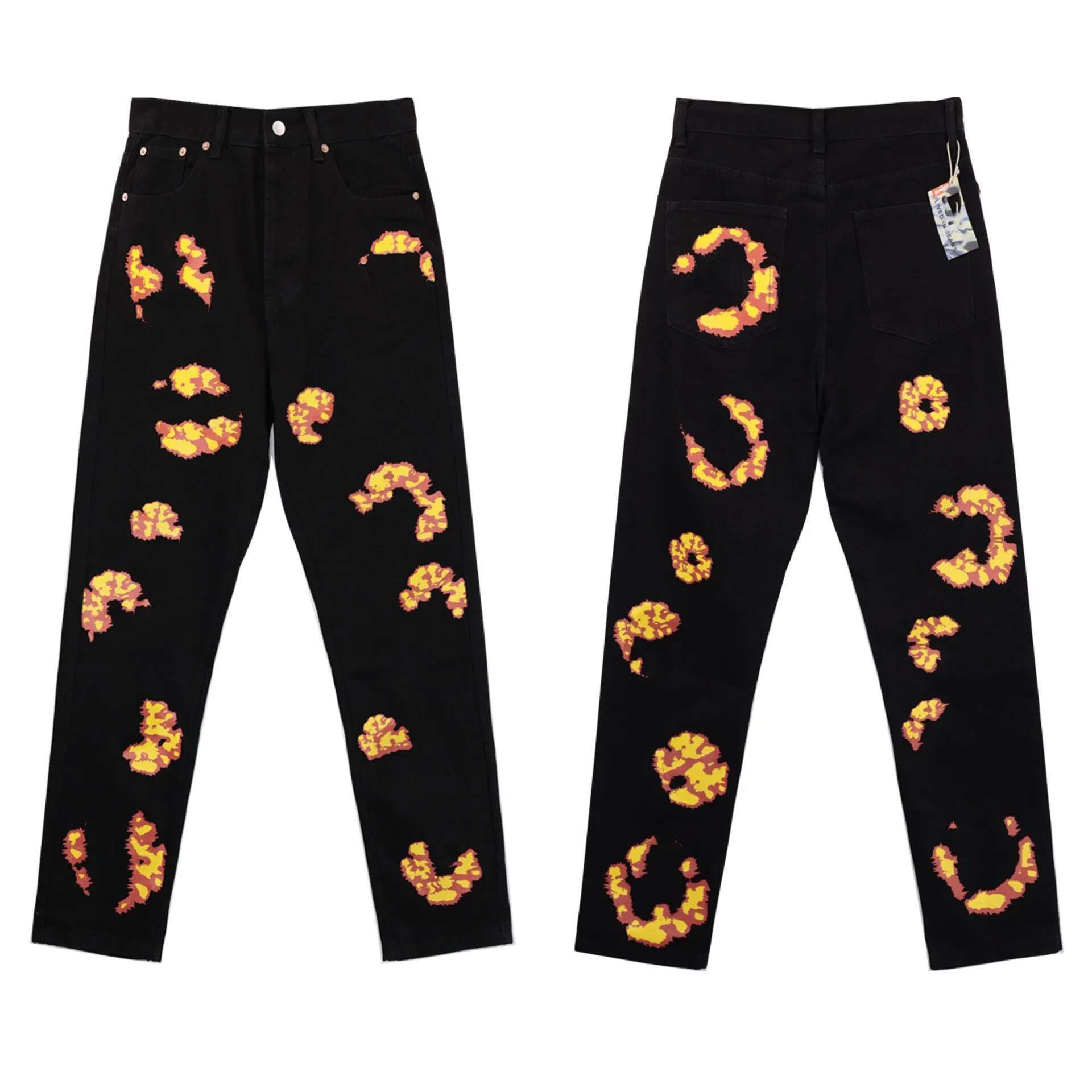 Trendy Wood Cotton Printed Casual Jeans For Men And Women American Straight-Leg Denim Pants Hip Hop Style From China