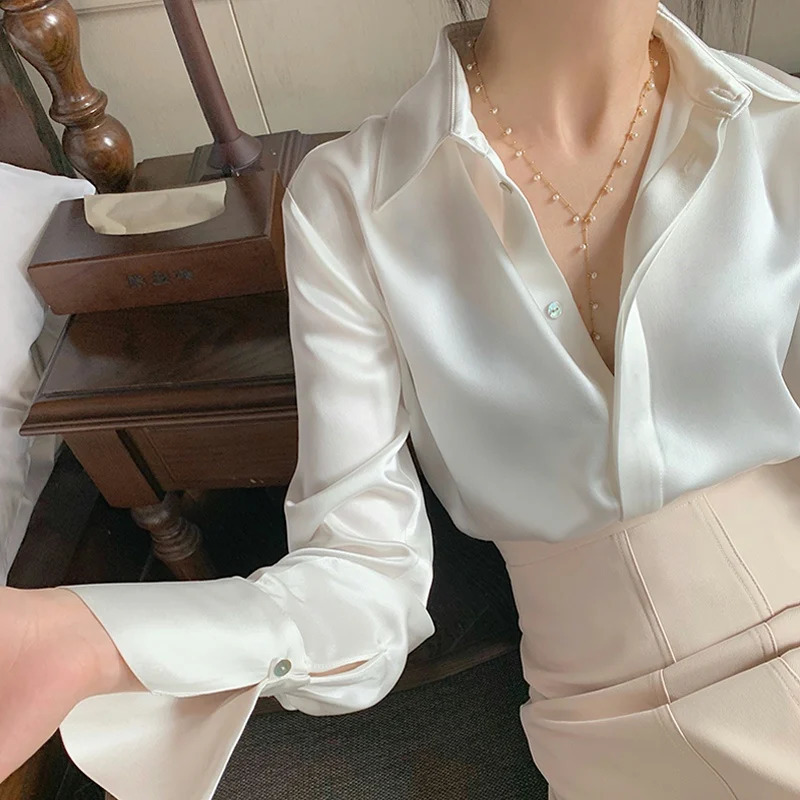 Womens Satin Blouse Long Sleeve French Fashion Solid Color Shirts Office Lady Clothes Elegant Woman Shirts Korean Ladies Wear 250303
