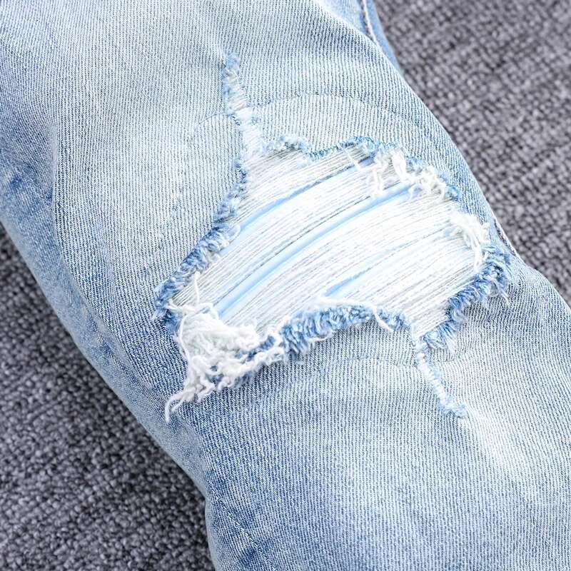 Fashion New Men's Stretch Slim Fit Washed Retro Light Blue Ripped White Patch Jeans Designer High Street Fashion Hip-Hop B