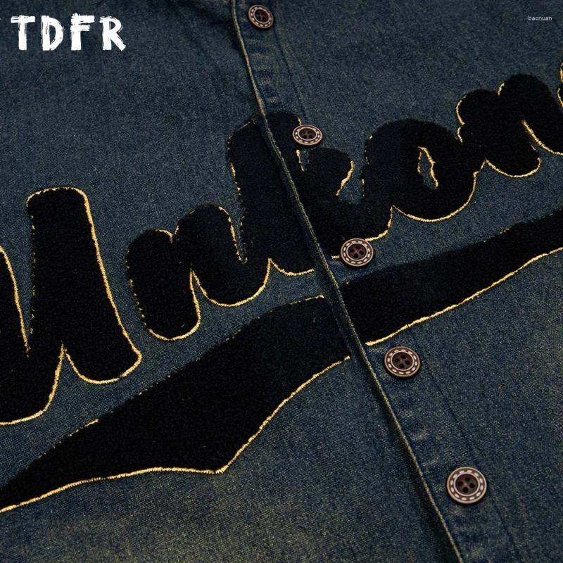 Men's Casual Shirts Letter Embroidery Denim Short Sleeve Mens Retro Streetwear Washed Distressed Spliced Stand Collar Single Breasted