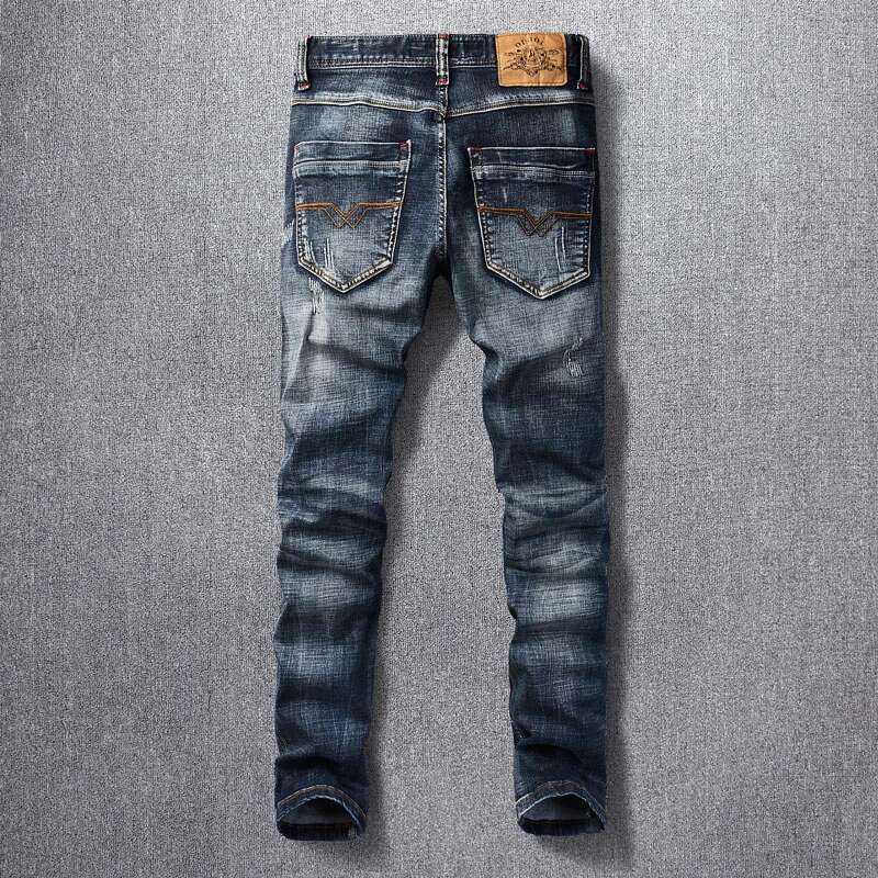 Italian Style Fashion High Quality Retro Black Blue Elastic Slim Fit Ripped Jeans Men Vintage Designer Denim Pants
