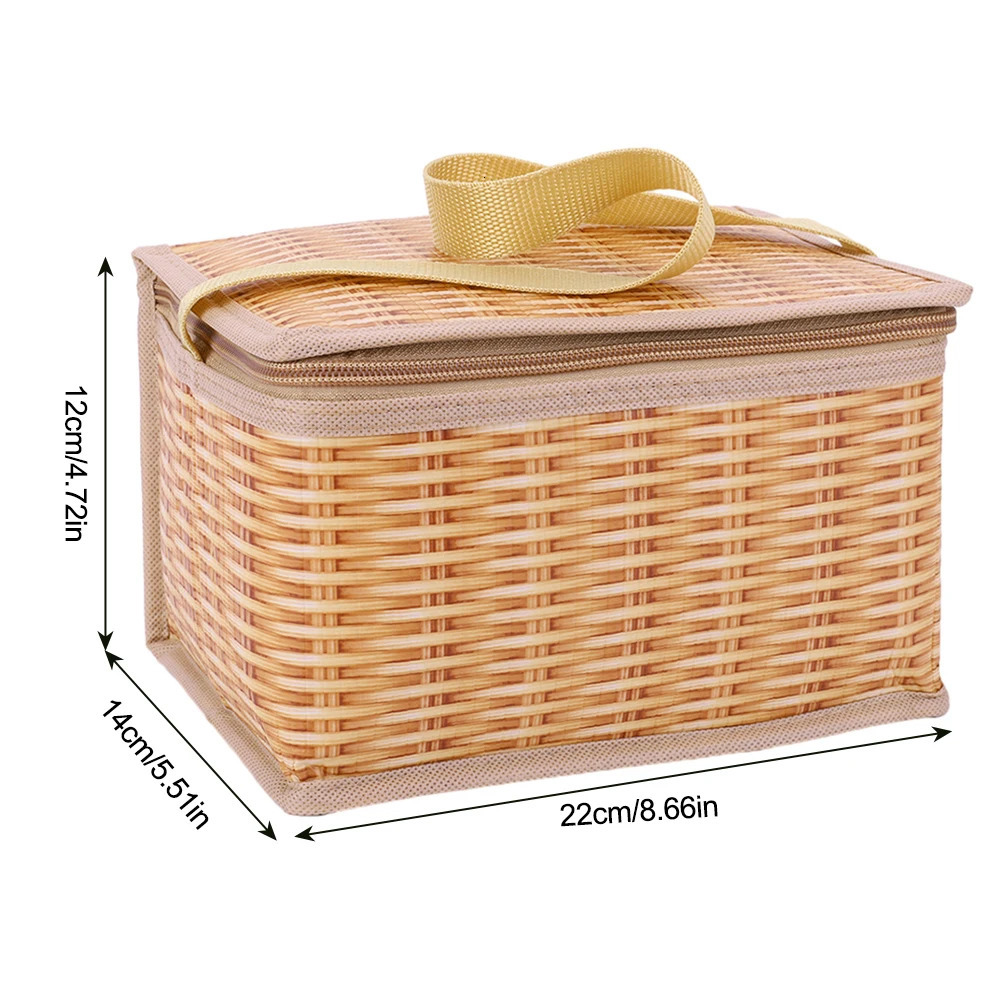 Ship from US Portable Wicker Rattan Outdoor Camp Picnic Bag Waterproof Tableware Food Container Baskets Insulated Thermal Cooler 250304FBB
