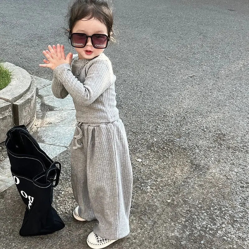 Baby Fashion Set Children Round Neck Long-Sleeved Top Solid Color Pant Suit Spring Autumn Thin Girls Casual Sports 2Pcs 2-8Y 250304