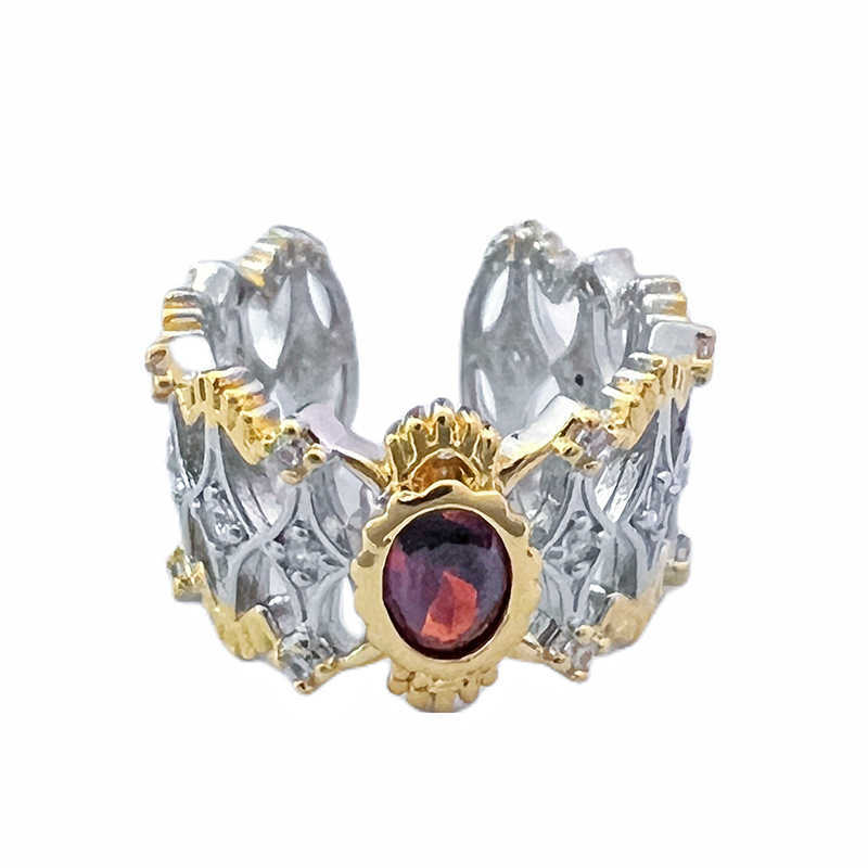 Couple Rings Italian woven pattern carved gold lace two tone gold inlaid diamond red treasure color treasure ring Bratti open ring for women H25303