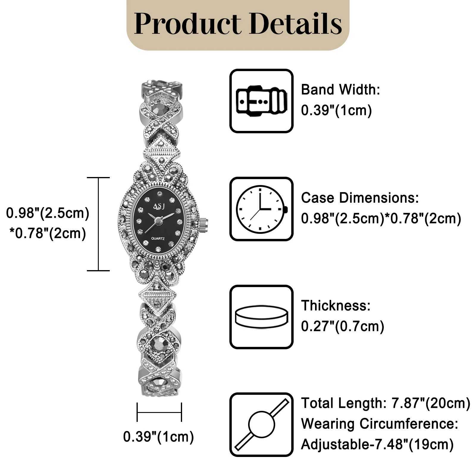 LANCARDO Womens Diamond Bracelet Black Shiny Diamond Vintage Floral Dial Quartz Silver Black Womens SmallXJ250304