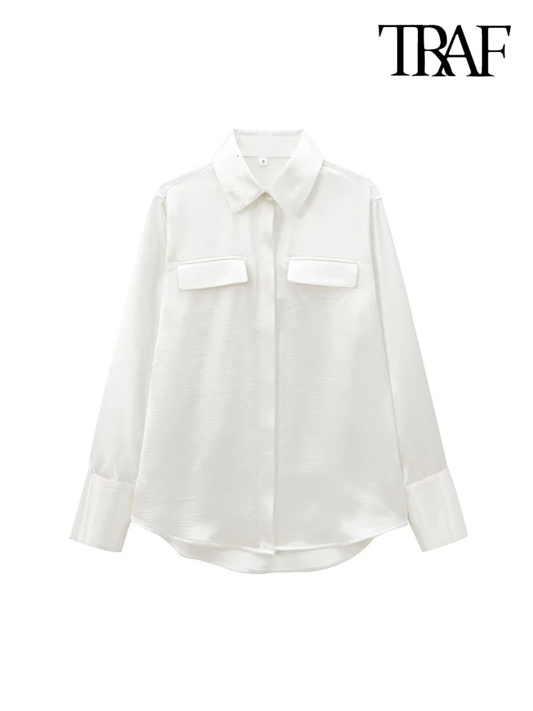 TRAF-Satin Shirts with Pockets for Women Long Sleeve Button-up Female Blouses Chic Tops Fashion 250303