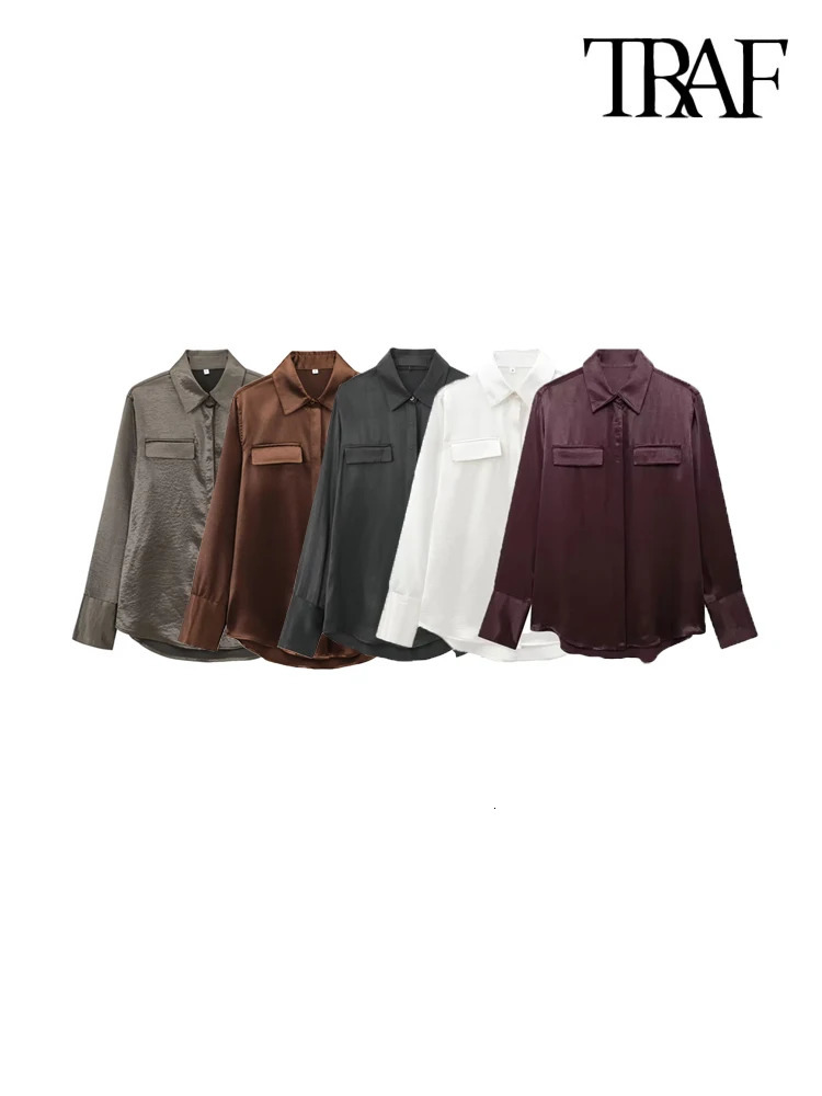 TRAF-Satin Shirts with Pockets for Women Long Sleeve Button-up Female Blouses Chic Tops Fashion 250303