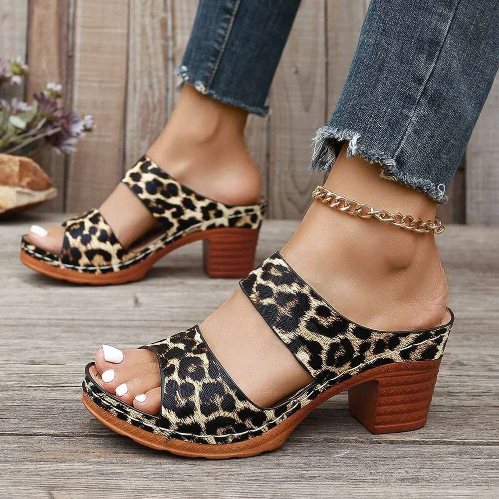 Women's Slippers Summer New Women Fashion Big Size Thick Heel Shoes Fish Mouth Outdoor Leopard Print Increase Sandals