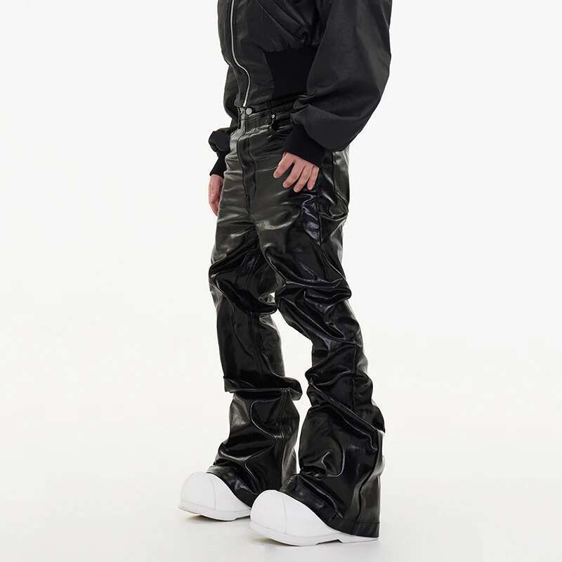 PFNW New Spring Men's Jeans Loose Wide Leg Coating Glossy Patent Leather Straight Male Denim Pants Niche Style 2025 12C509